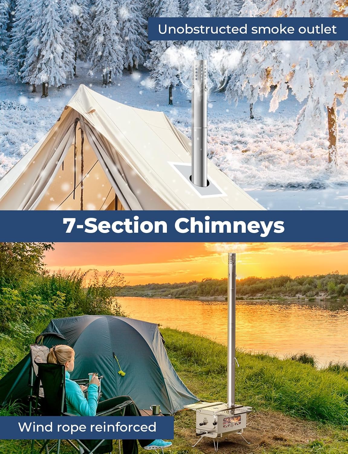 DEERFAMY Tent Stove, Portable Hot Tent Stove, Small Stainless Steel Camping Tent Stove with 6 Chimney Pipes for Outdoor Heating and Cooking