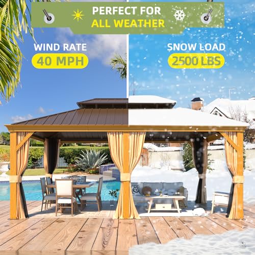EROMMY 14'x20' Hardtop Gazebo Double Roof Galvanized Steel Canopy Outdoor Aluminum Frame Permanent Metal Pavilion with Netting and Curtains for Patio Backyard Deck and Lawns