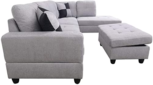 3 PCS L-Shaped Sectional Couch Sofa Set, Linen Fabric Living Room Set with Storage Ottoman and Match Pillows (Left Hand Facing, Grey White)