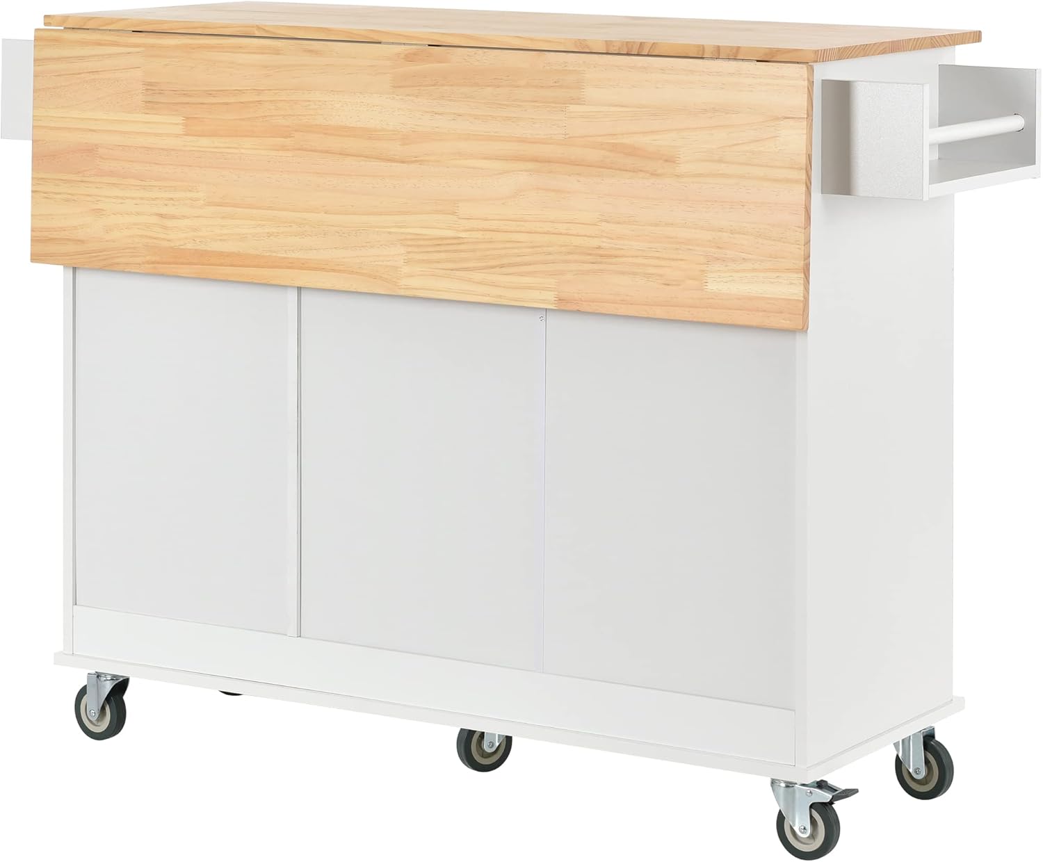 52.7 Inch Width Kitchen Island with 3 Drawers and Internal Storage Racks, Rolling Kitchen Cart with Towel Rack and Locking Wheels, Spice Rack, Drop Leaf Counter Top, Adjustable Shelves, White