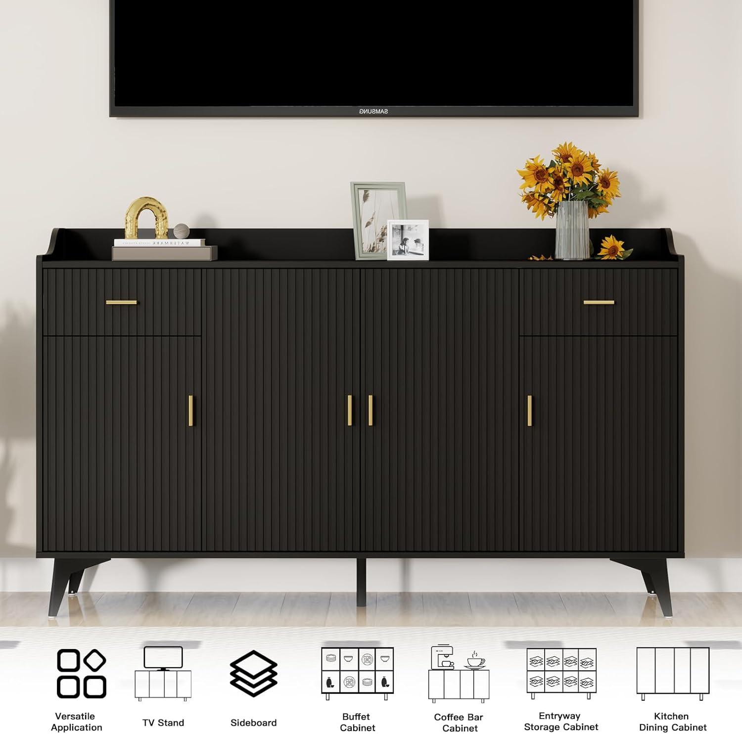 Wakefit Sideboard Buffet Cabinet with Storage, Fluted Doors & Drawer, Wood Farmhouse Credenza Coffee Bar Cabinet with Baffle Tabletop and Handles for Kitchen, Living Dining Room, Black
