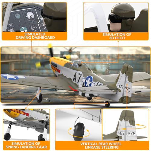VOLANTEXRC RC Plane, 4 Channel Remote Control Airplane Fighter RTF with 6-Axis Gyro, 3 Modes & Aerobatics Easy to Fly, 2.4GHz Radio Controlled Aircraft for Beginners, Boys & Adults, P51D Mustang, Red