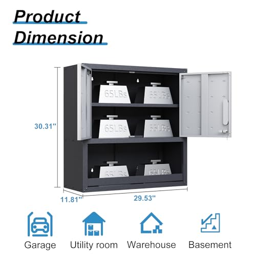 Garage Storage Cabinet Wall Cabinet with 2 Doors,Lockable Tool Cabinets Wall Mounted with Adjustale Shelves,Heavy Duty Steel Hanging Cabinets for Warehouse Kitchen Laundry,Assembly Required