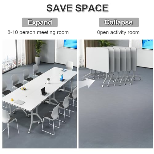 4Pcs White Conference Table, Foldable Meeting Tables, 140CM Conference Training Rooms Flip Top Mobile Training Table, Rolling Meeting Table with Caster Wheels, Suitable for Office,classr(4Pcs-180CM)