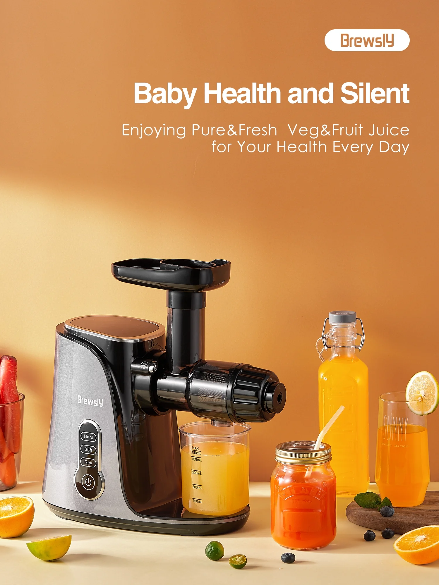 Brewsly Juicer Machines Easy to Clean, Slow Masticating Juicer Higher Juice Yield, Black
