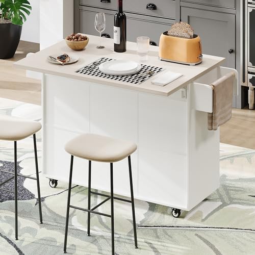 60" Kitchen Island with Drop Leaf and Power Outlet, Rolling Kitchen Cart on Wheels with Trash Can Storage Cabinet, Spice Rack, Towel Rack and Adjustable Shelf for Dining Room
