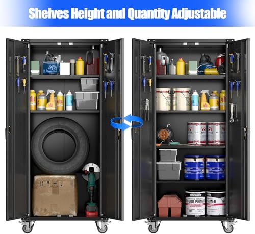 Aobabo Garage Storage Cabinet with Wheels,72" H Metal Storage Cabinet with 2 Doors and 4 Adjustable Shelves for Garage Home, Black,Required-Assembly