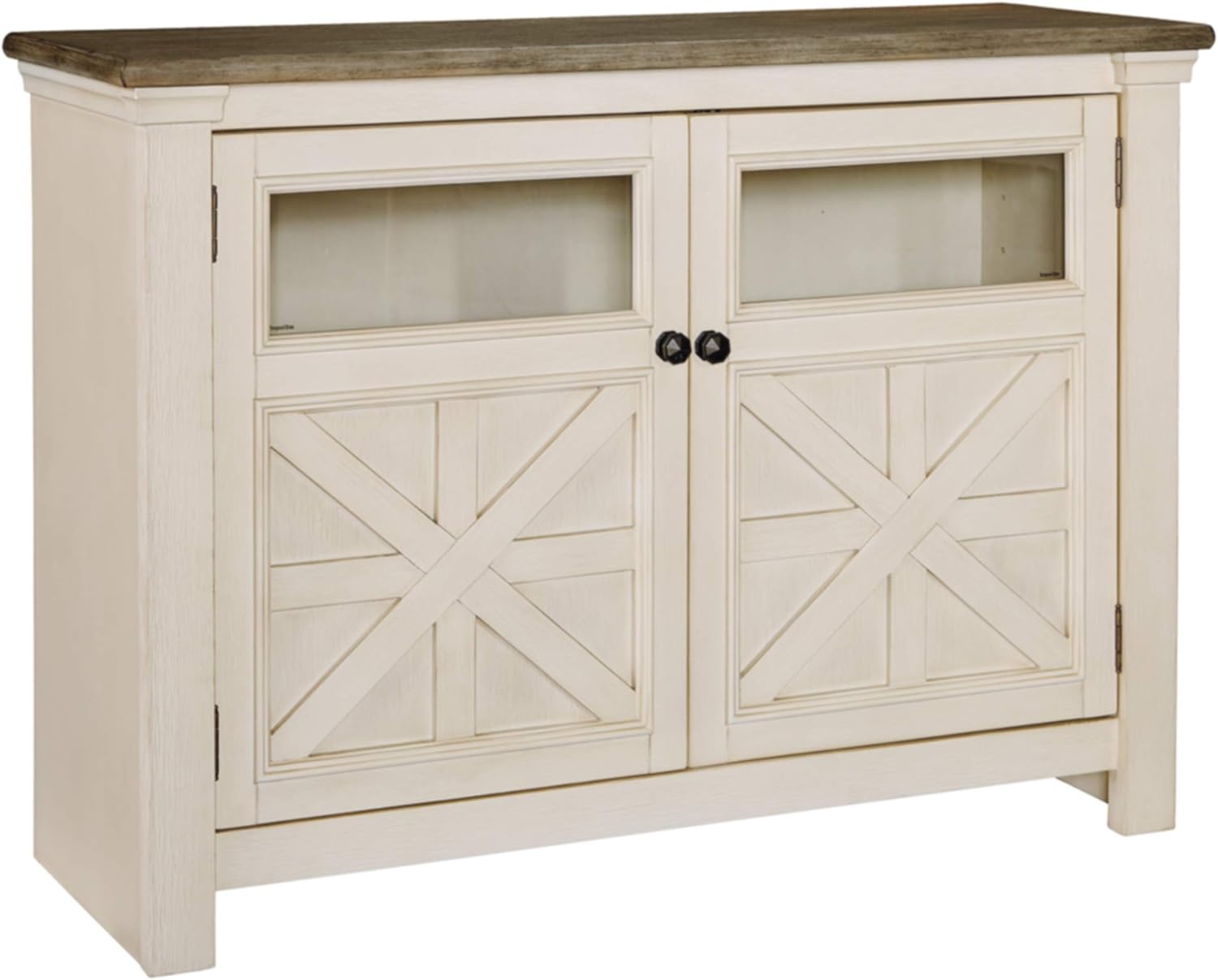 Signature Design by Ashley Bolanburg Two Tone Farmhouse TV Stand, Fits TVs up to 72, 3 Cabinets and Adjustable Storage Shelves, Whitewash