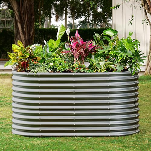 Land Guard 8x4x3ft Oval Galvanized Raised Garden Beds, Large-Capacity Metal Planter Box Outdoor, Durable Deep Raised Garden Bed 3ft Tall, Raised Beds for Gardening Vegetables, Cream Yellow