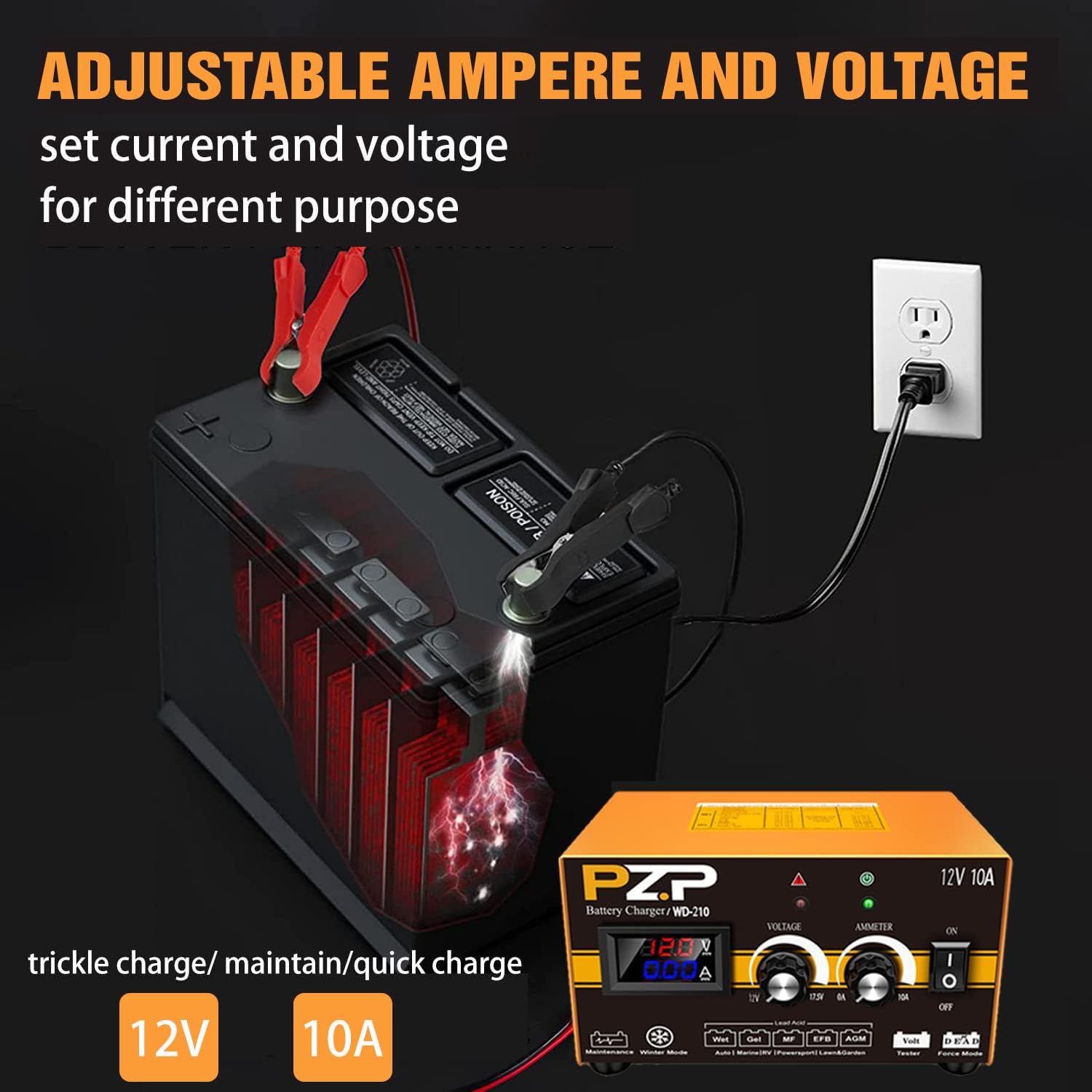 12 Volt Manual Battery Charger Automotive 12v/10a Smart Battery Charger for Marine Boat Battery Trickle Charger 10A with Adjustable Current and Voltage Professional Battery Maintainer by PZ.P