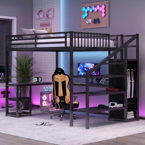 Full Size Loft Bed with Desk and Stairs,Metal Gaming Loft Bed Full with Wardrobe and Shelf, High Loft Bed with LED & USB Charging Station for Teens, Adults, Space Saving Design,Black