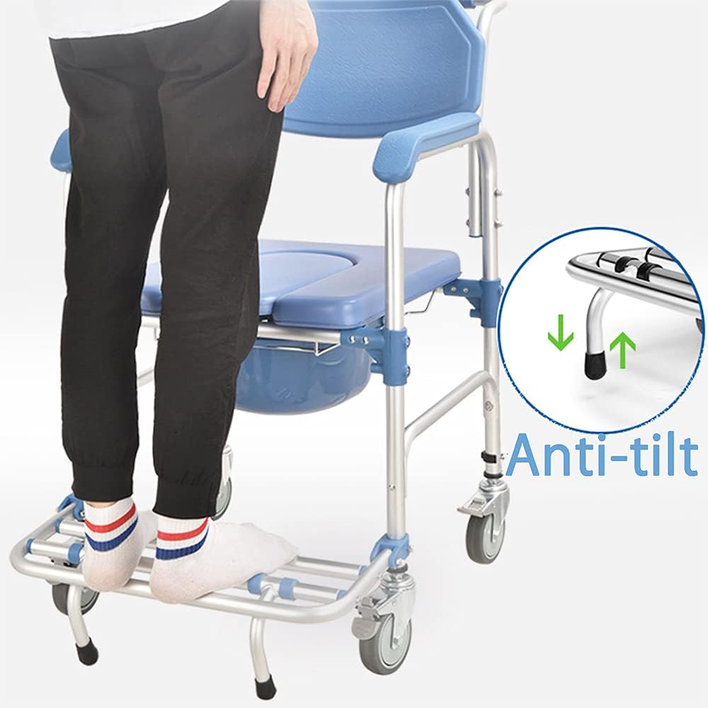 Shower Chair with Wheels 3 in 1 Commode Chair for Toilet with Arms Waterproof Rolling Transport Chair Bedside Commode for Seniors and Disabled, Weight Capacity 350lbs