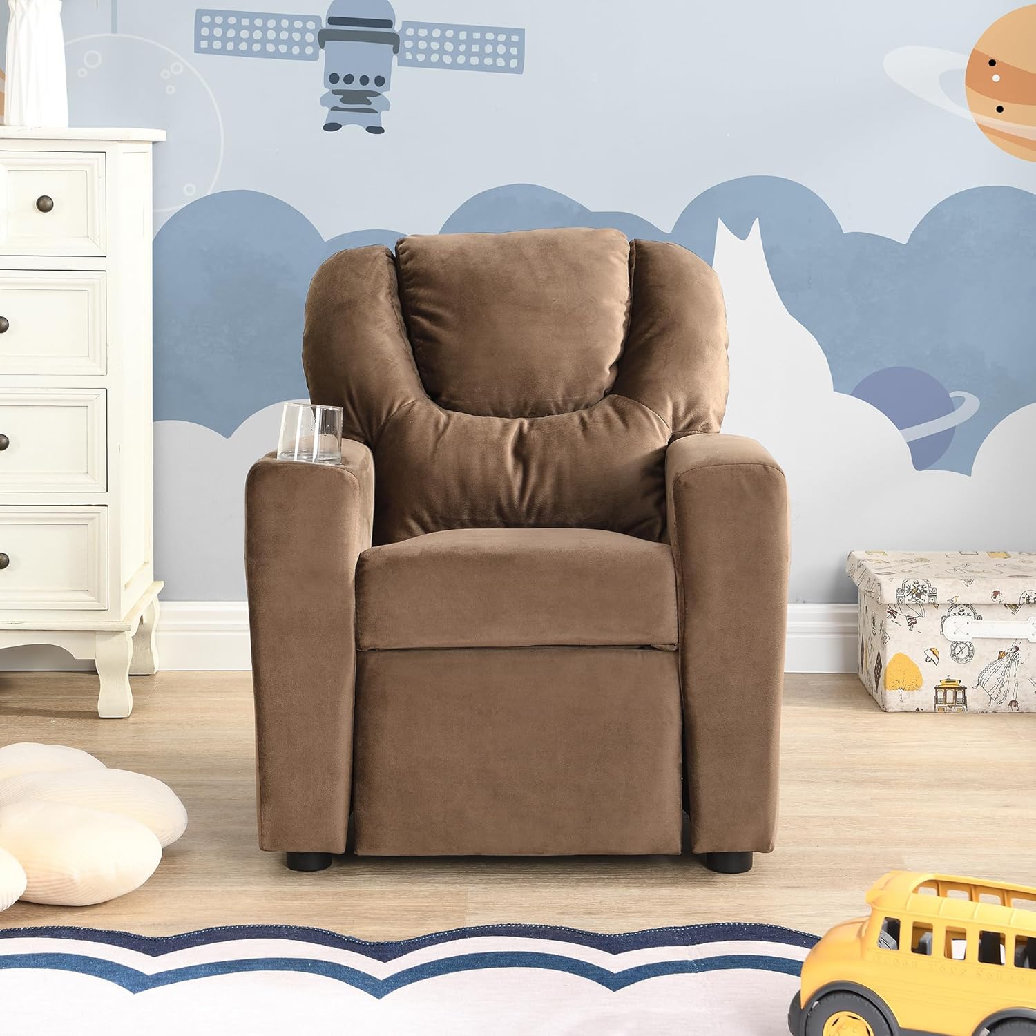 Kids Recliner Chair, Kids Upholstered Couch with One Cup Holder, Footrest, Backrest, Toddlers Velvet Recliner with Headrest and Footrest W214101804
