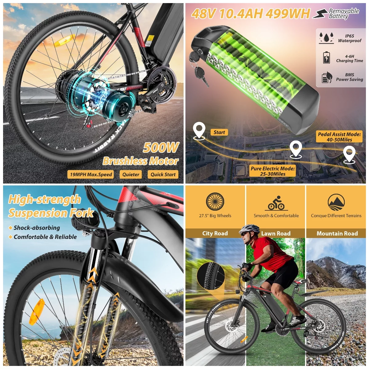 Elifine 500W Electric Bike for Adults, Shimano 21-Speed, 27.5" Mountain Electric Bicycle, 48V 10.4Ah Battery Ebike with 5 Riding Modes, 19.8 mph Aluminum Alloy Electric Commuter Bike up to 50 Miles
