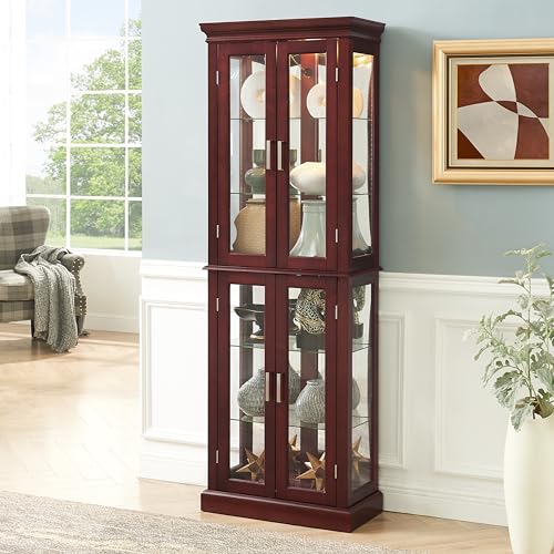 Lighted Display Cabinet,Glass Curio Display Cabinet with Adjustable Shelves & Mirrored Back,Storage Cabinet Wood Frame Collectibles Toy Display for Living Room, Kitchen, Pantry light bulb not included