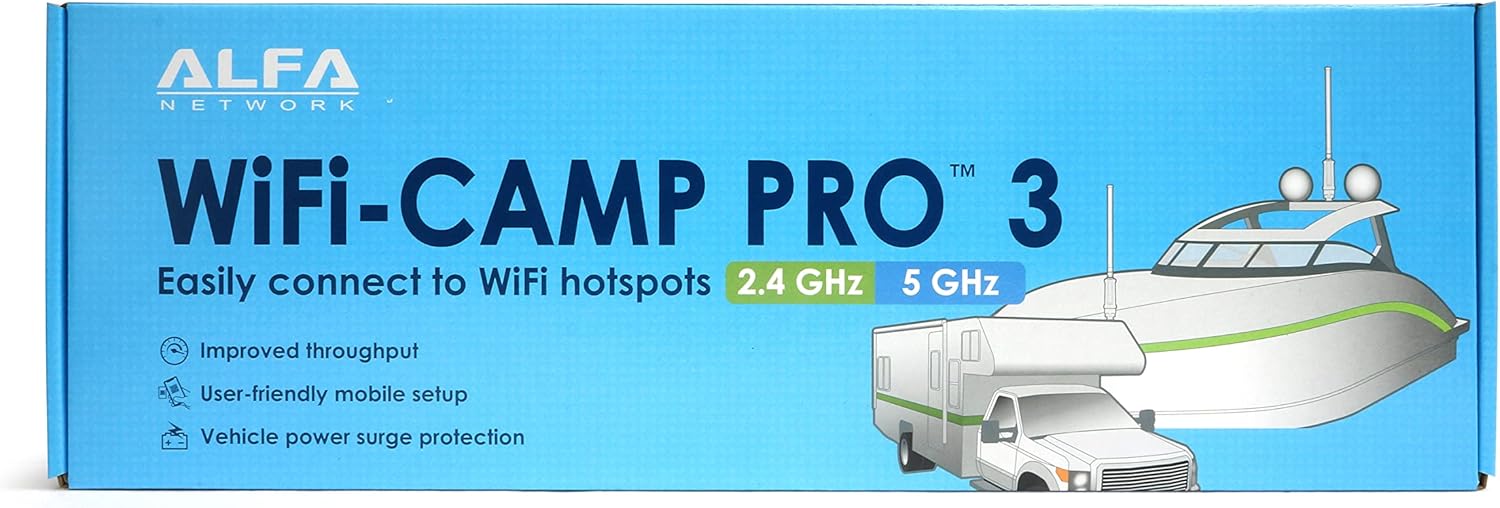 ALFA Network WiFi CampPro 3, Dual-Band WiFi 5 (2.4 or 5 GHz) WiFi/Internet Range Extender kit for Caravan, Motorhome, RV, Boat, Yacht