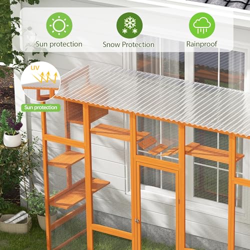 COZIWOW Catio Outdoor Cat Enclosure Window Catios for Indoor Cats Outside Patio Wooden Cattery with Large Door, Walks, Waterproof Roof, Resting Box, 104" L Extra Wide, Orange