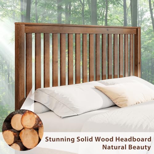 Full Size Solid Wood Bed Frame with Headboard, Platform Bed with Slat Support/No Box Spring Needed/Easy Assembly, Walnut