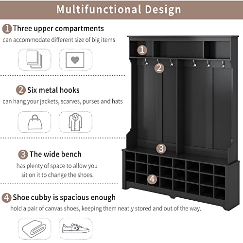 Modern Style Coat One with 3 Top Shelves,2 Flip Drawers,Wood Hallway Organizer with Storage, Metal Hanging Hooks,Hall Tree with Bench, Shoe Racks, White-2