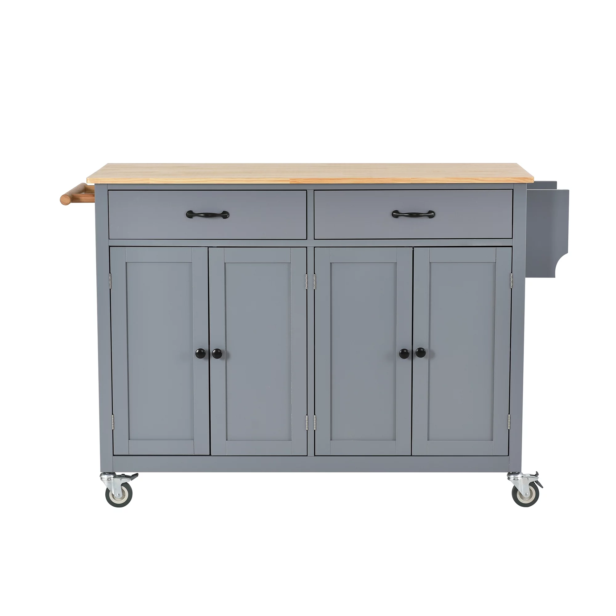 EUROCO Kitchen Island Cart with Solid Wood Top and Locking Wheels, 4 Door Cabinet and Two Drawers, Spice Rack and Towel Rack, Gray