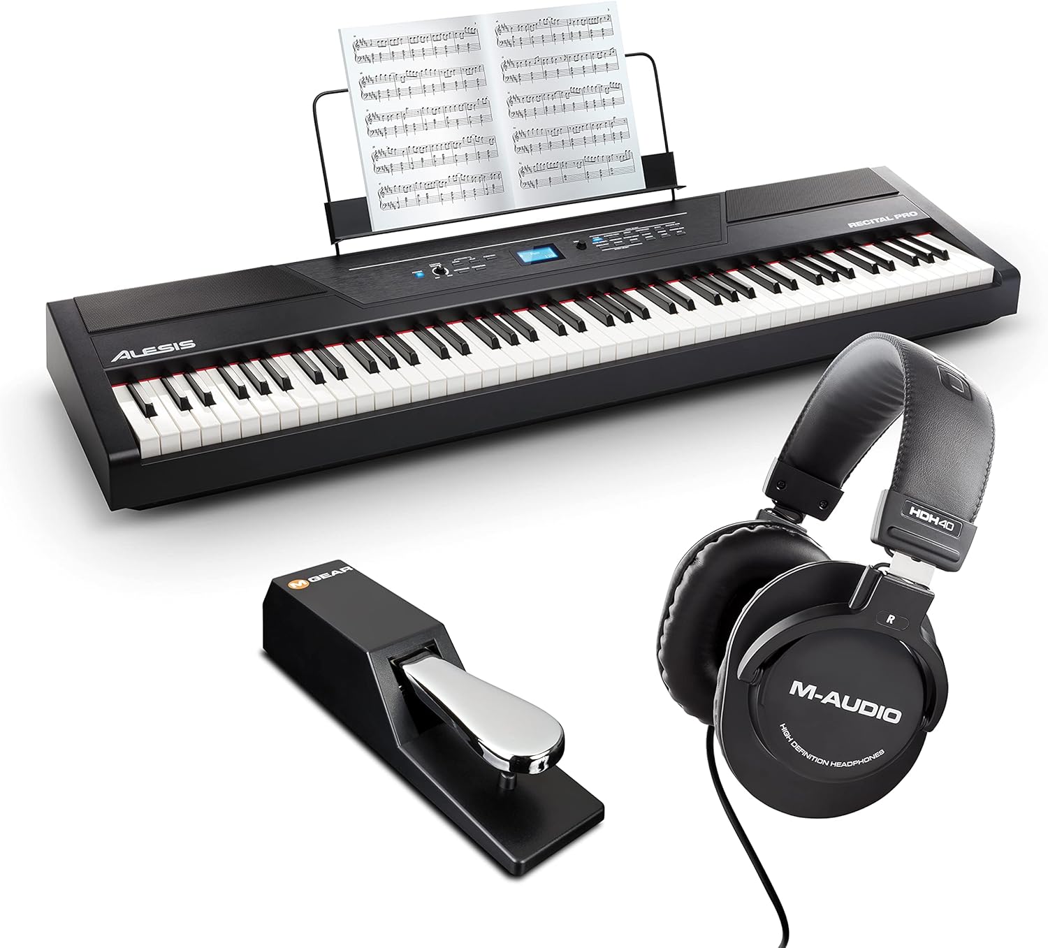 Alesis Recital Pro - 88 Key Digital Piano Keyboard with Hammer Action Weighted Keys, 12 Voices, M-Audio Sustain Pedal and HDH40 Piano Headphones