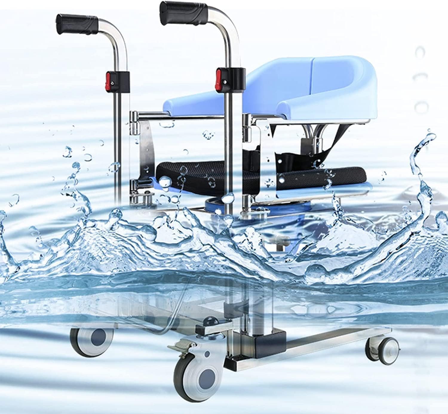 Hydraulic Lift Transfer Chair W/ 180° Split Seat Medical Transit Chair Bedside W/Potty & Tray Desk Transport Lift Wheelchair