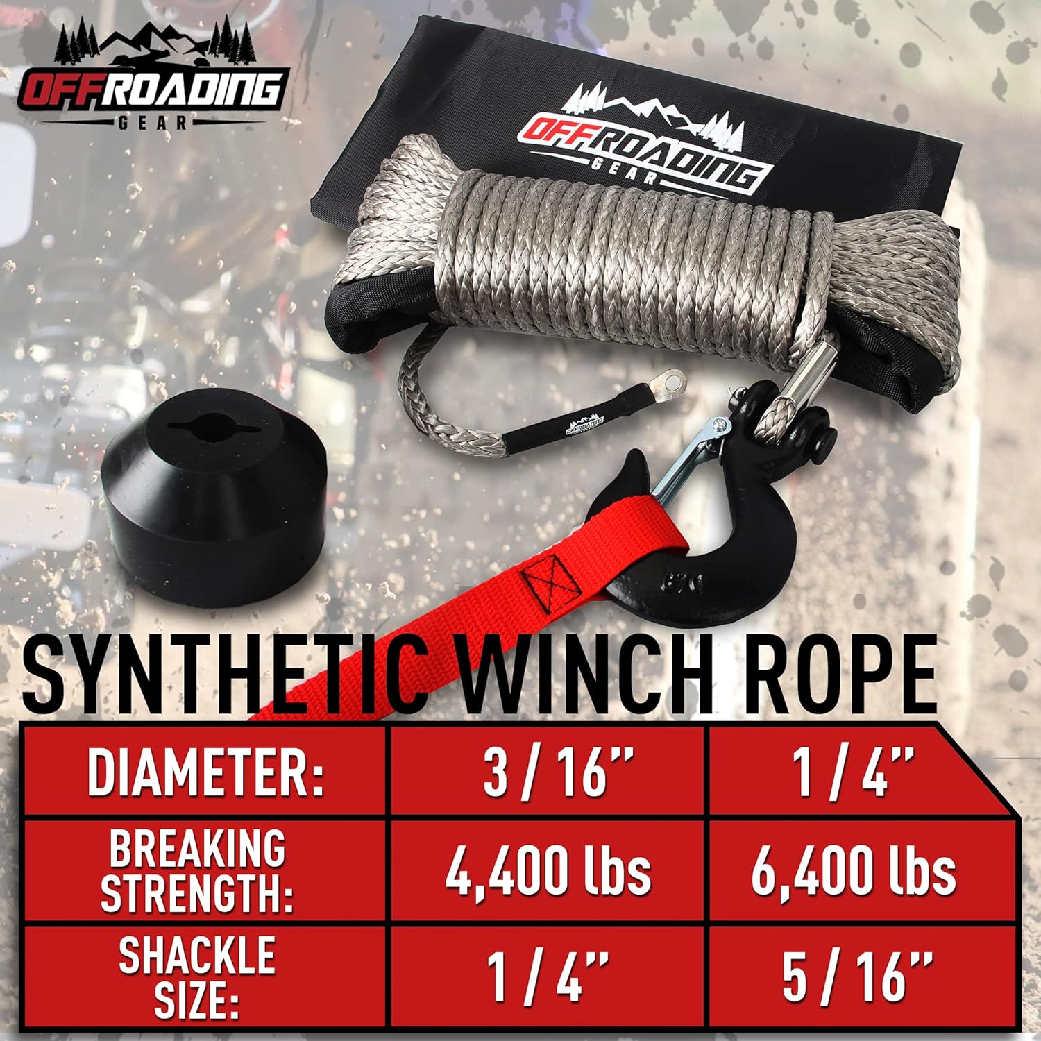 50'x3/16” Synthetic Winch Rope Kit | Replacement for Wire Cable | Jeep/ATV/Quad | Free Snap Hook & Stopper
