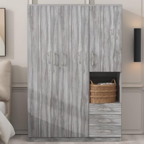 Merax Armoire Wardrobe Closet, 47.2''L*20" D*68.9" H Clothing Storage Cabinet with 6-Tier Shelves and Hanging Rod, Household Wooden Wardrobe Storage Cabinet with 3 Drawers,Grey
