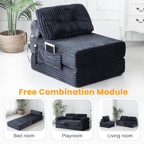 3 in 1 Folding Sofa Bed, Convertible Sleeper Chair with Pillow, Chair Bed with Back Support, Couches for Living Room, Foam Floor Mattress with Cushion, Single Size, Dark Grey