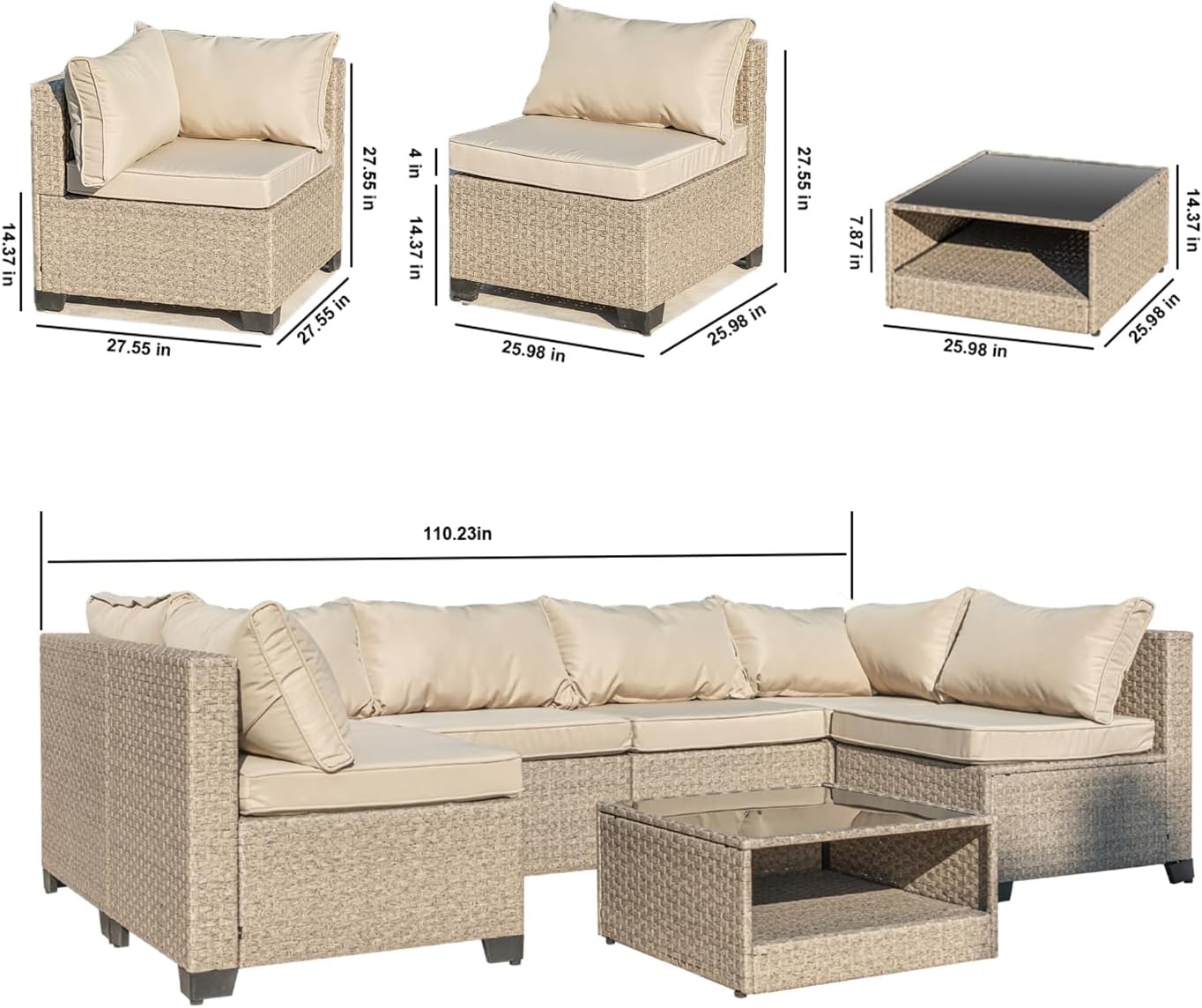 7-Piece Patio Furniture, Weather Boho Outdoor Conversation Set Sectional Sofa with Water Resistant Grey Thick Cushions for Backyard Poolside Lawn Garden, Beige, 6-Seater