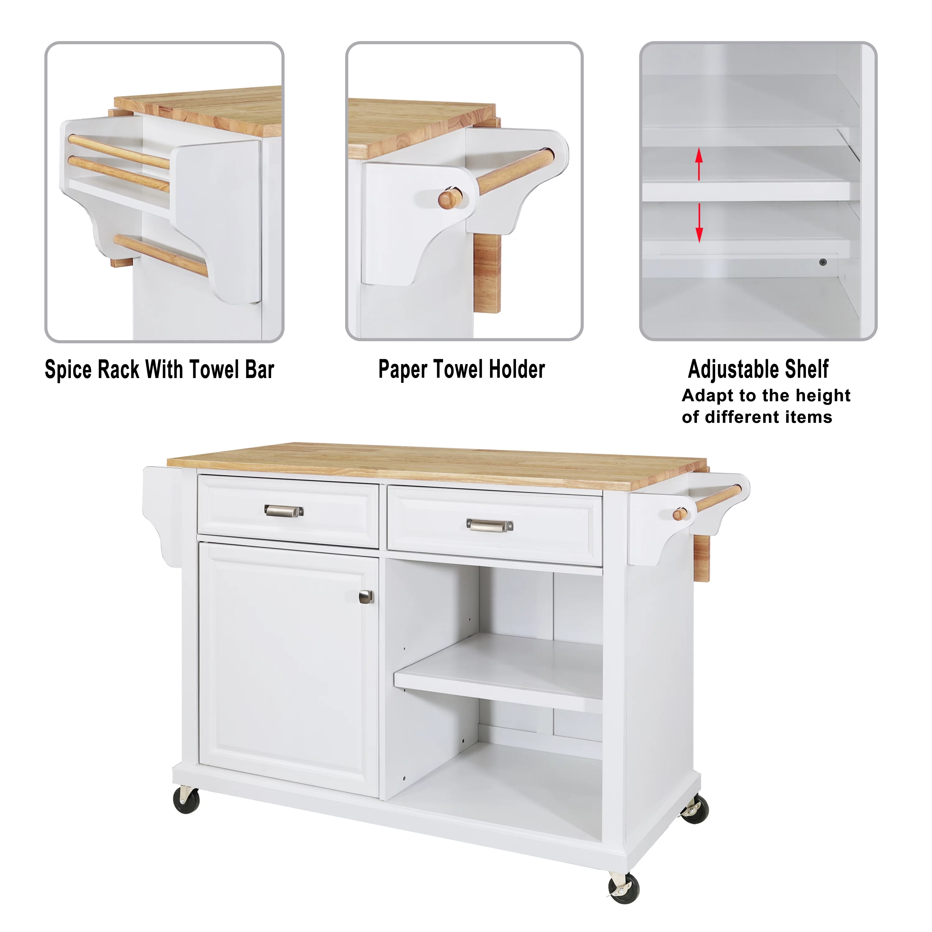 Multi-Functional Storage Island Cart with Rubberwood Countertop and Drop-Leaf, Greenguard Gold Certified, Kitchen Island on Wheels with Large Storage Cabinet,2 Drawers,Spice Rack,Towel Holder, White