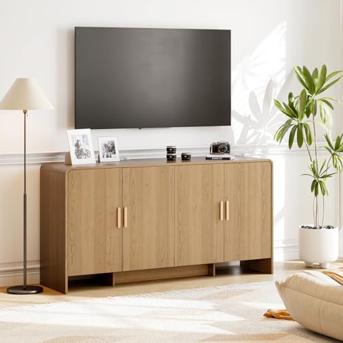 60" Sideboard Buffet Cabinet with Storage, Curved Design Farmhouse Coffee Bar Cabinet with 4 Doors & Adjustable Shelves for Living Room, Kitchen, Hallway, Walnut