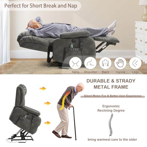 Dual Motor Lay Flat Lift Chairs Recliners for Elderly with Massage and Heat,Infinite Position Overstuffed Wide Power Lift Recliner, Genuine Leather, USB Ports and Remote Controls (Black)
