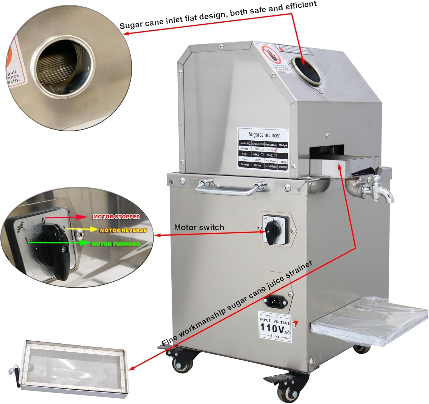 Sugar Cane Juicer Electric Sugarcane Press Vertical Sugar Cane Ginger Press Juicer Sugarcane Juice Extractor 3 Stainless Steel Rollers Juice Press Machine 300Kg/H with 2 Knives 110V