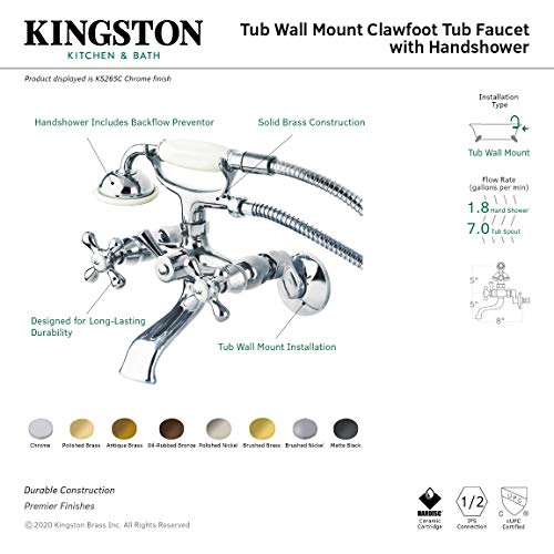 Kingston Brass KS265SB Tub Wall Mount Clawfoot Tub Faucet with Hand Shower, Brushed Brass