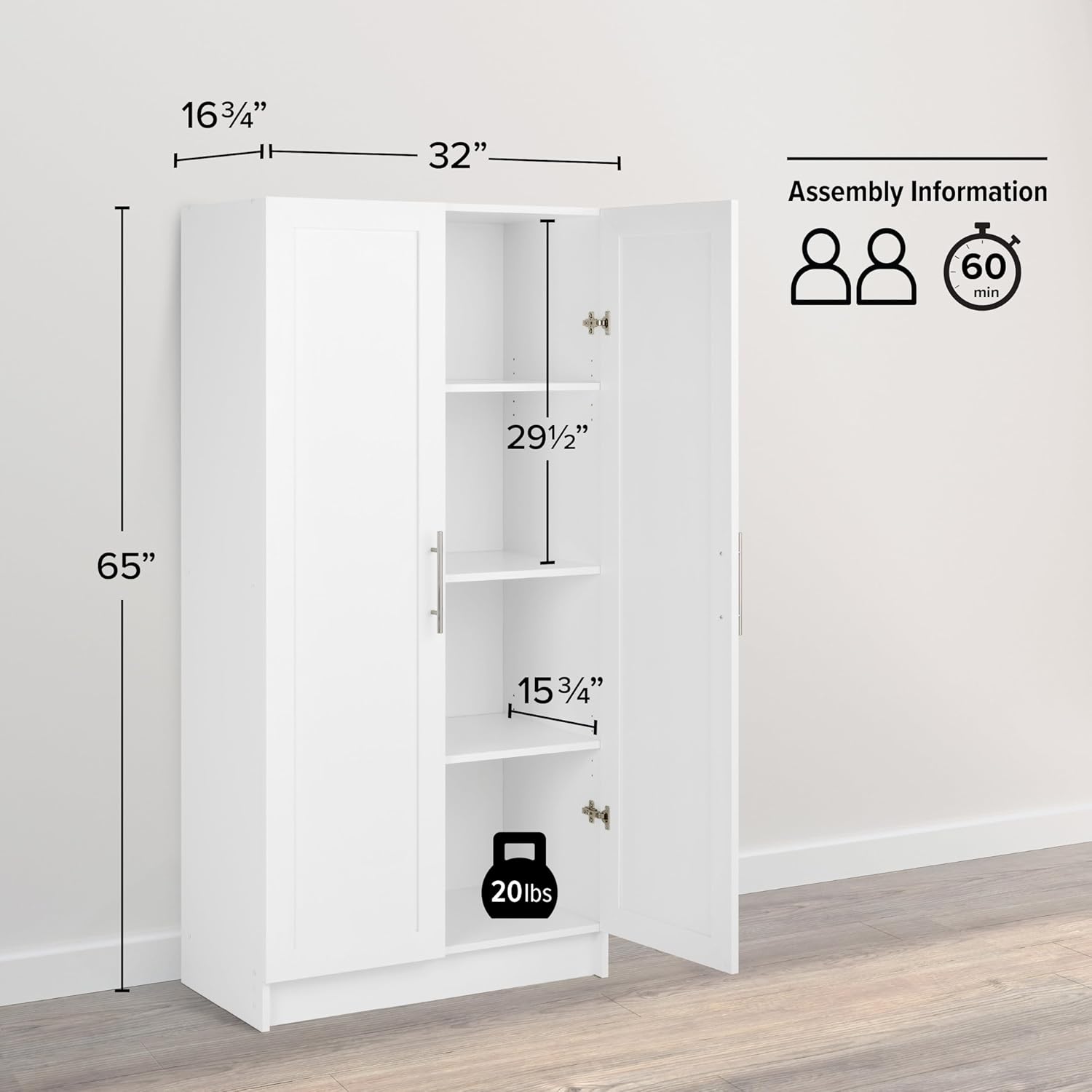 Prepac Elite 6 Piece Panel Doors Closet Organizer System, White Set, Bathroom, Pantry Wall and 3 Storage Cabinets, 16.75" D x 96" W x 89" H
