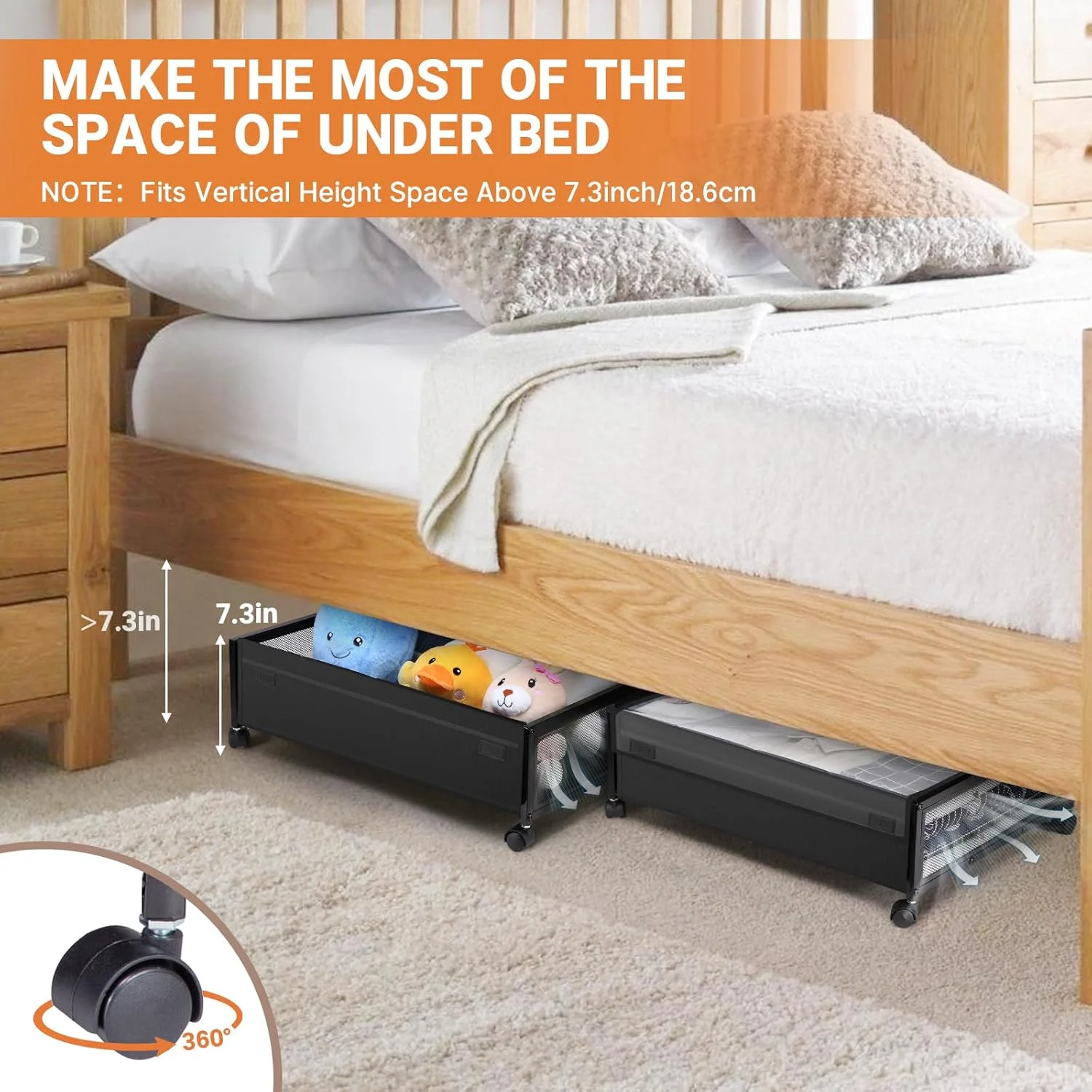 2-Pack Under Bed Storage with Wheels - Rolling Underbed Organizer Containers Drawer Bins with Lid for Clothes, Shoes, Toys, Books, Blankets