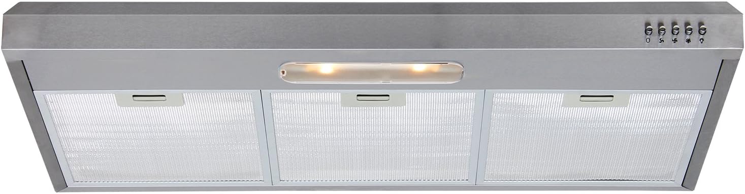 Under Cabinet Range Hood 30 Inch in Stainless Steel, Stove Hood Vent with 3 Speed Exhaust Fan, 350 CFM Dual Motor, Top or Rear Vent, Aluminum Mesh Filters, Push Button, Lights Included, Newfield