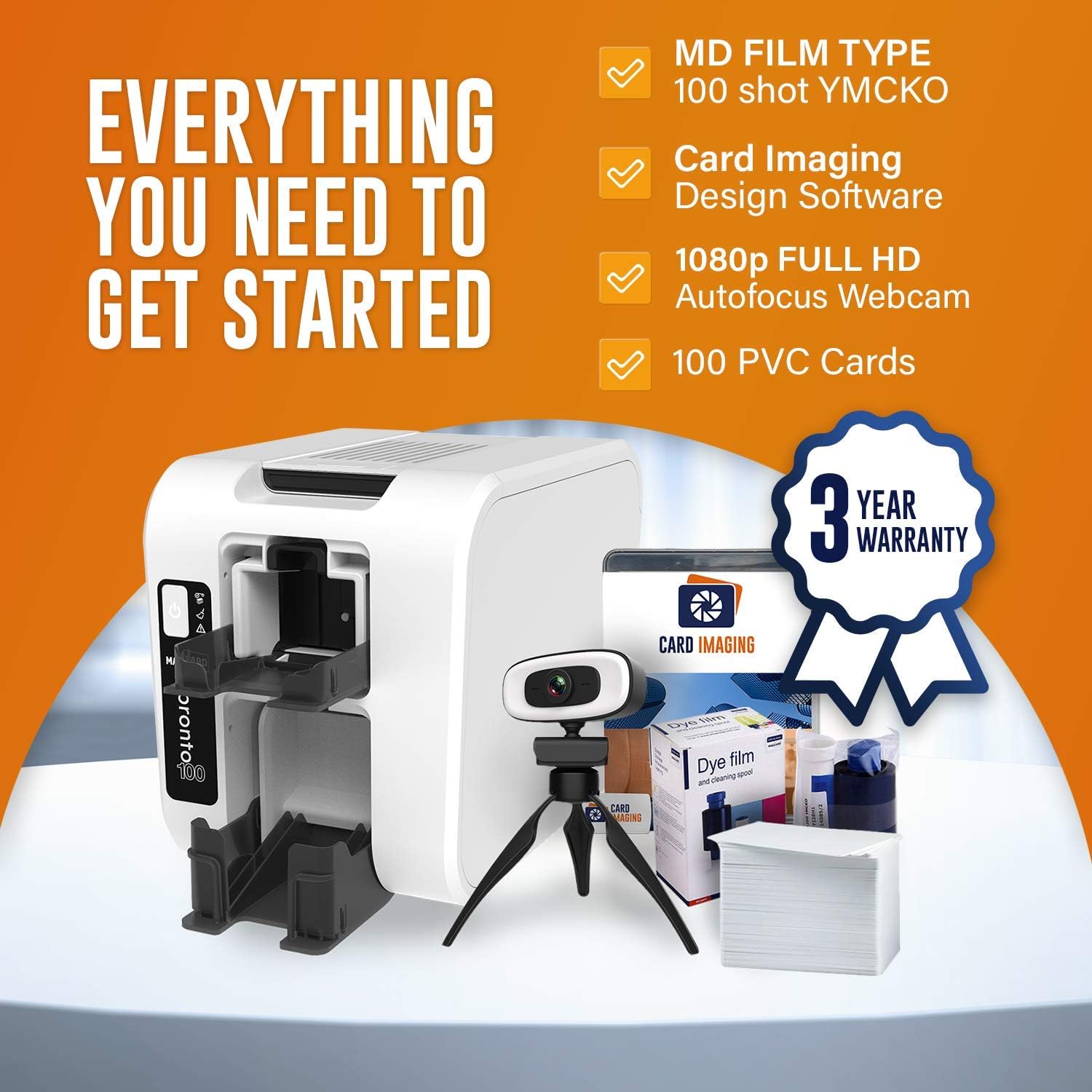 Magicard Pronto 100 Single Side Card Printer & Supplies Package (3100-0001) New for 2021