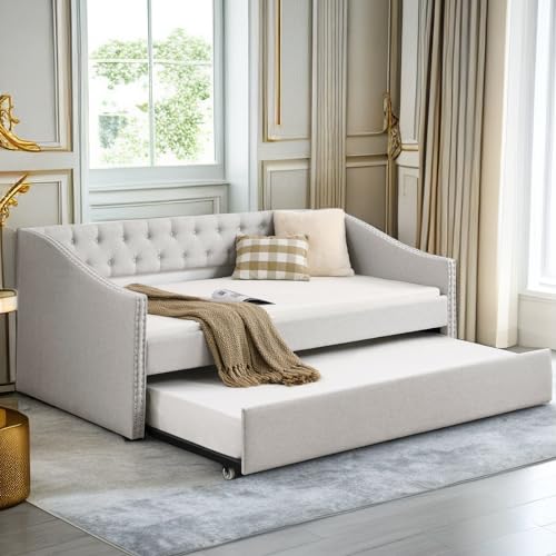 Full Size Upholstered Daybed with Pull Out Twin Trundle, Multifunctional Tufted Sofa Bed Frame with Button Nailtrim Arms and Wood Slat Support, No Spring Box Needed (Beige, Full)