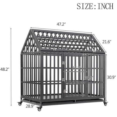 Heavy Duty Dog Crate Dog Cage, Indestructible Metal Dog Kennel Lockable for Medium Large Dogs with Sturdy Door Lock and Removable Trays, Roof Top Access, 47 Inch