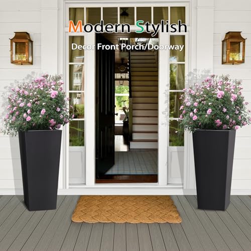 Tall Planter Outdoor Indoor, Large Resin Plant Pots for Trees Flowers (Black, 27.5 inch - 2 Pack)