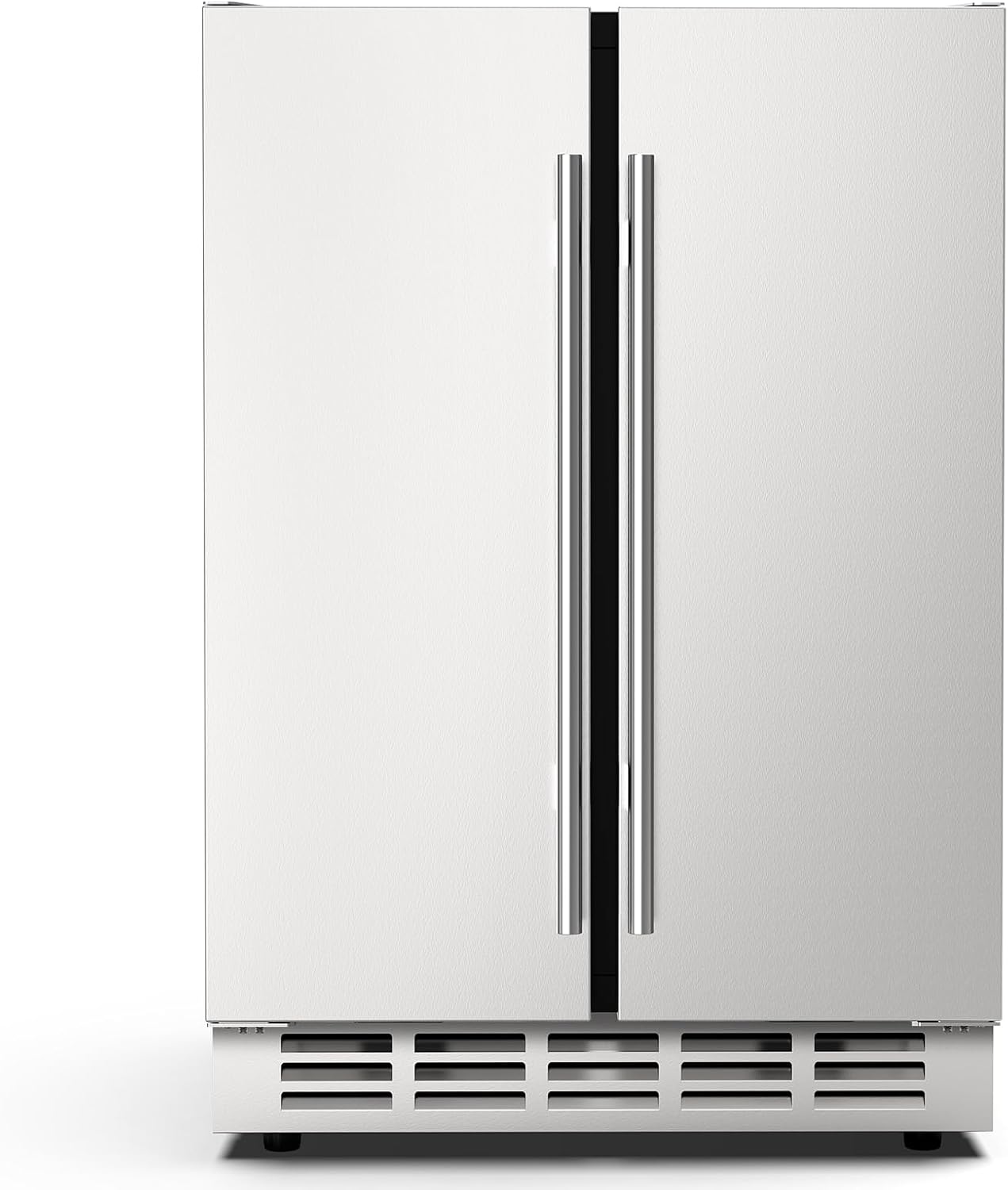 24 Inch Outdoor Wine Refrigerator, Weather Proof Stainless Steel Dual Zone Beverage Fridge, Under Counter Built-In or Freestanding Beer Cooler with Digital Display for Home and Commercial Use