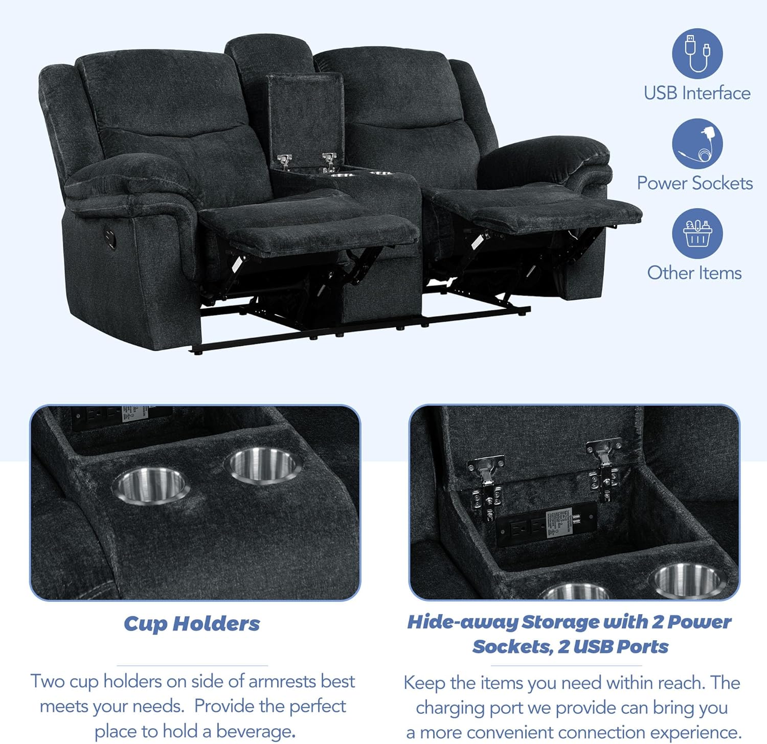 Home Theater Seating Manual Reclining Sofa with Hide-Away Storage, Cup Holders, 2 USB Ports, 2 Power Sockets for Living Room, Bedroom, Dark Blue