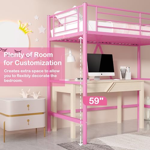 VECELO Metal Loft Bed Twin Size, Heavy Duty Bedframe with Removable Ladder and Safety Guardrail, Space-Saving, Noise Free, No Box Spring Needed, Off White