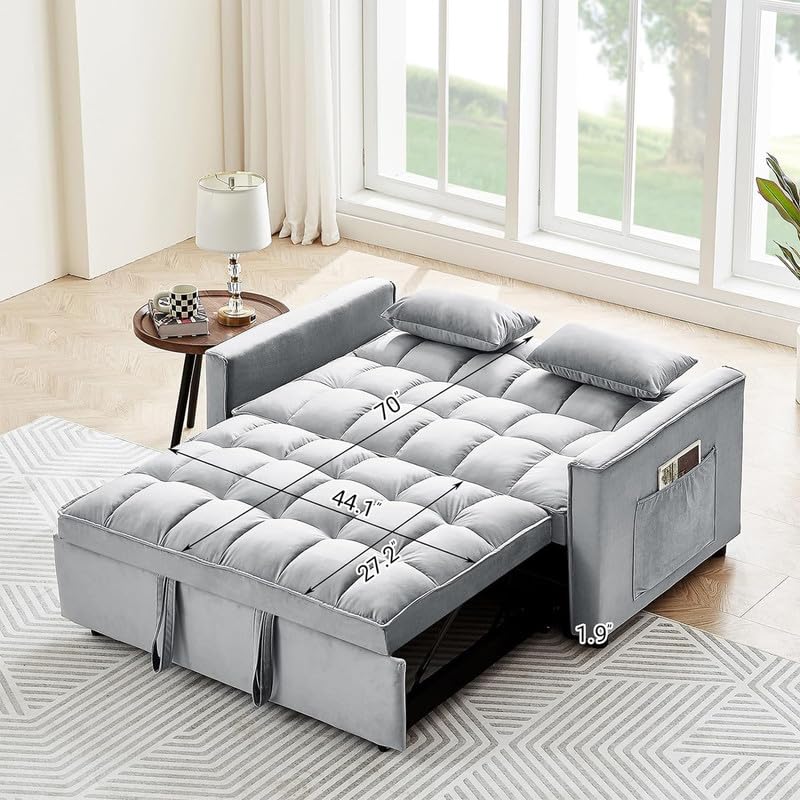 55" Convertible Sleeper Sofa Bed with USB Port, 3 in 1 Velvet Loveseat with Pull Out Bed, Small Love Seat Futon Couch Bed with 2 Pillows for Living Room Apartment,Beige