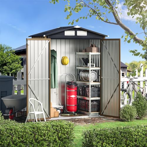 10X12X7.5 FT Outdoor Steel Storage Shed with Lockable Doors, 2 Windows, Transparent Roof Panels (Wood Panels & Frame Floor Not Included), Ideal for Patio Storage,Garbage Can, Chicken Coop，Brown