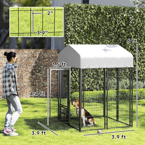 PawHut 4.6' x 4.6' x 5' Dog Kennel Outside, Welded Wire Outdoor Dog Kennel Run with Waterproof & UV Resistant Cover, for S&M Breeds, Chickens, Ducks, Black