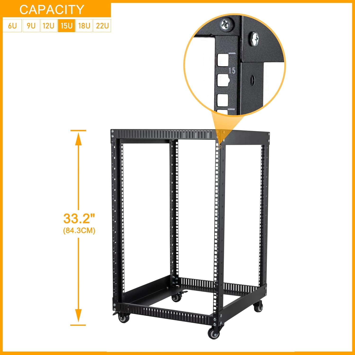 RIVECO 9U Open Frame Server Rack with Casters- Heavy Duty 4 Post Quick Assembly 19-inch, Stereo Rack Network Cabinet Black