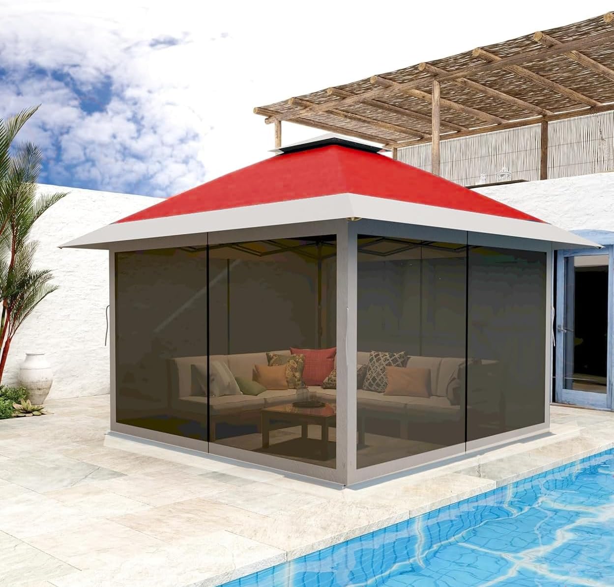 12x12 Pop Up Gazebo Outdoor Canopy Shelter with Mosquito Netting 4 Stanbags Instant Gazebo Tent for Lawn, Garden, Backyard, Deck (Red+ Light Grey)